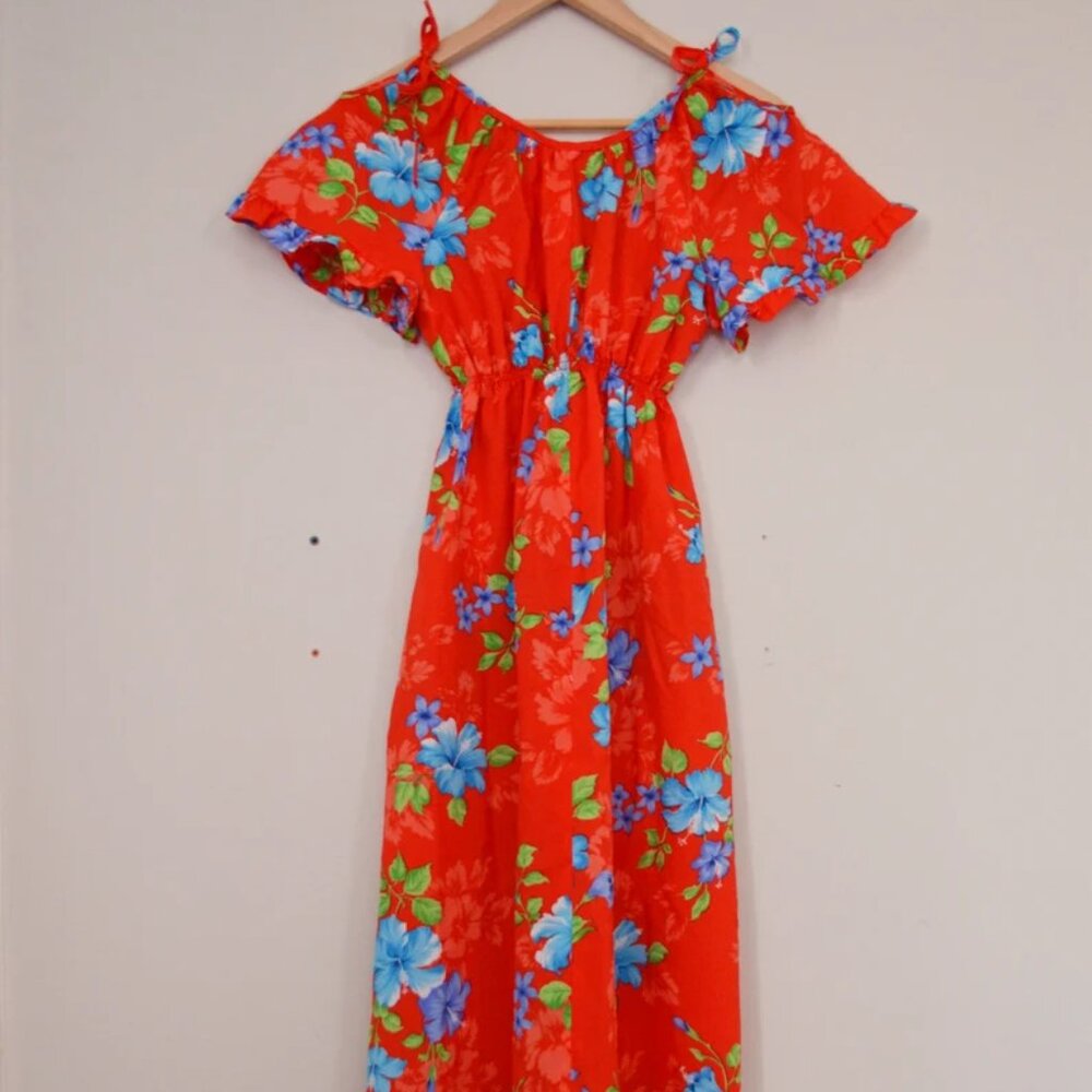 Vintage Women's Ribbons n' Curls Hawaiian Floral Print Red Maxi Dress Sz S-M